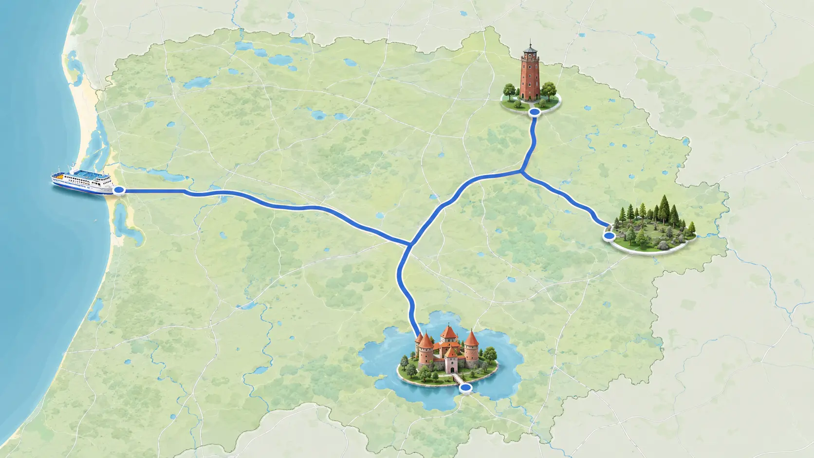 Stilizuotas vienos dienos kelionių po Lietuvą žemėlapis su Trakais, Kadagių slėniu, Smiltyne ir Biržais