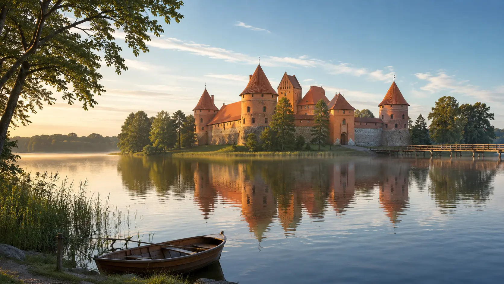 Trakų pilis virš Galvės ežero ankstyvą rytą